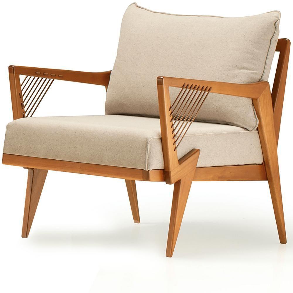 Poltrona Com Braços Alva Ozki Madeira Eucalipto Cedro Tecido Bege Corda Couro Reconstituído - 1