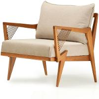 Poltrona Com Braços Alva Ozki Madeira Eucalipto Cedro Tecido Bege Corda Couro Reconstituído - 1