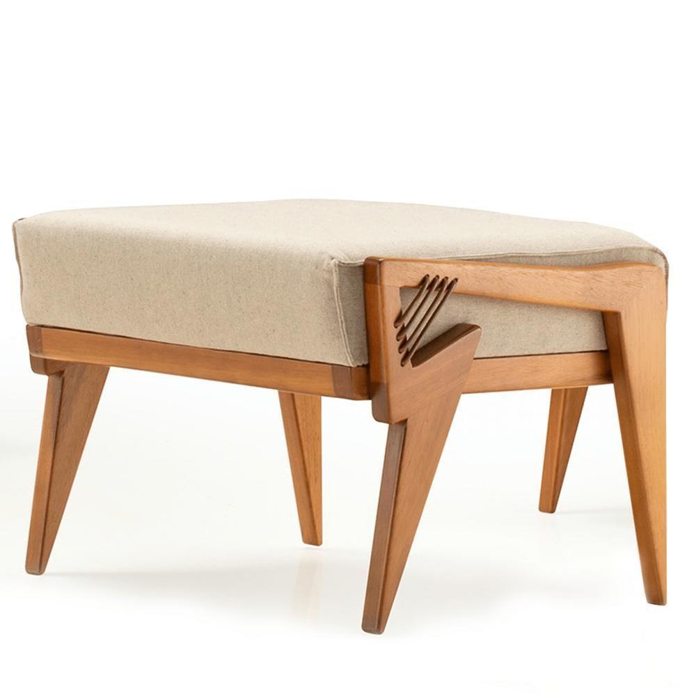 Puff Alva Ozki Madeira Eucalipto Cedro Tecido Bege Corda Couro Reconstituído - 1