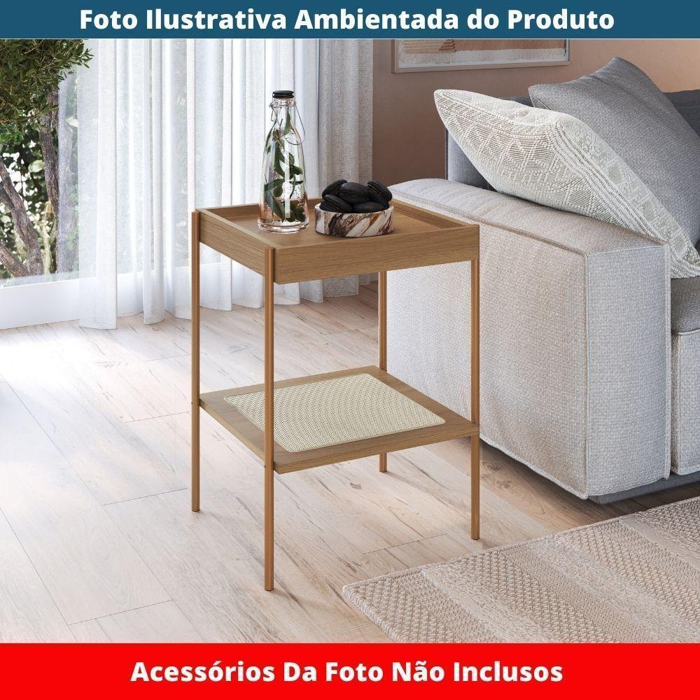 Mesa Lateral Apoio Oslo Artesano 43 Cm (largura) Mdp Hanover Palha Sintética Bege Pé Metal Dourado - 5
