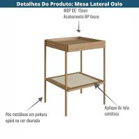 Mesa Lateral Apoio Oslo Artesano 43 Cm (largura) Mdp Hanover Palha Sintética Bege Pé Metal Dourado