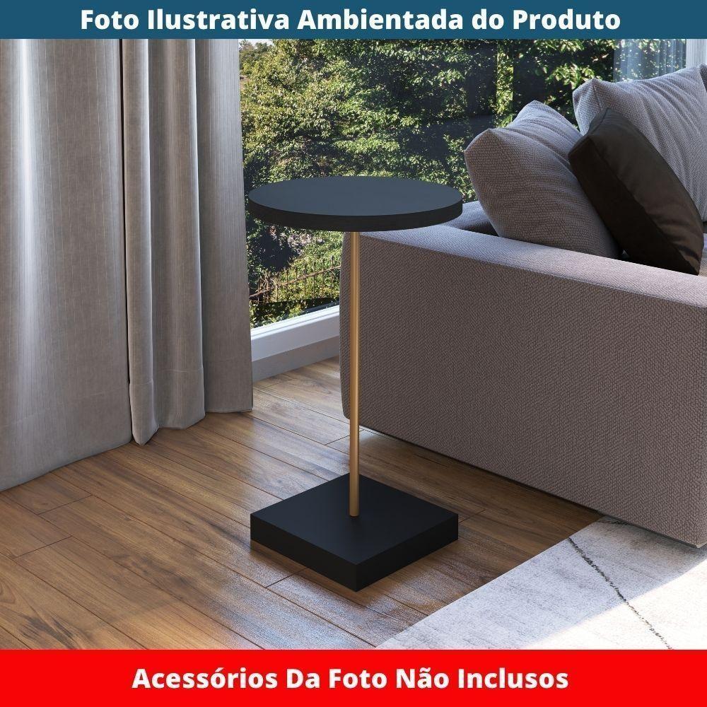 Mesa Lateral Redonda Artesano 35 Cm Larg Tampo E Base Mdp Preto C/ Tubo Metálico Aço Carbono Dourado - 2