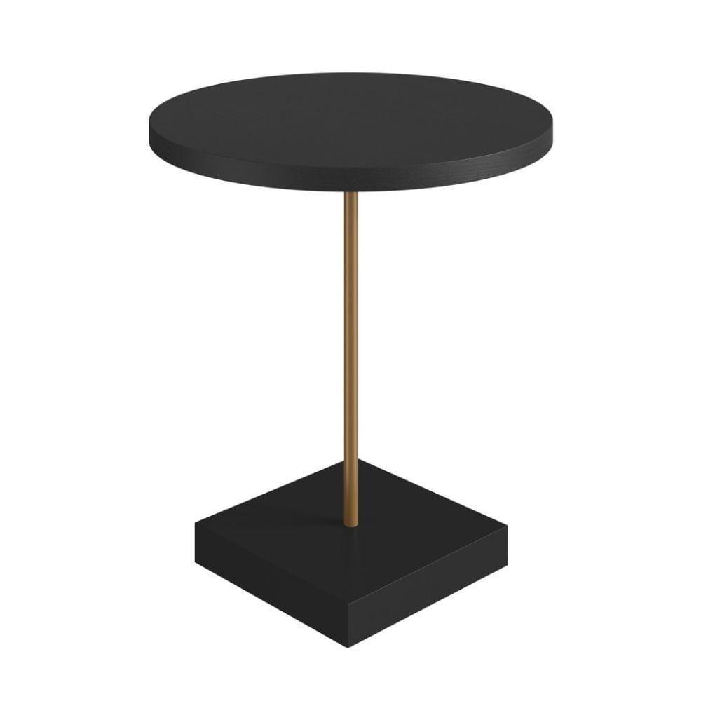 Mesa Lateral Redonda Artesano 45 Cm Larg Tampo E Base Mdp Preto C/ Tubo Metálico Aço Carbono Dourado - 1