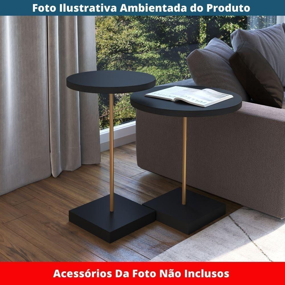 Mesa Lateral Redonda Artesano 45 Cm Larg Tampo E Base Mdp Preto C/ Tubo Metálico Aço Carbono Dourado - 2