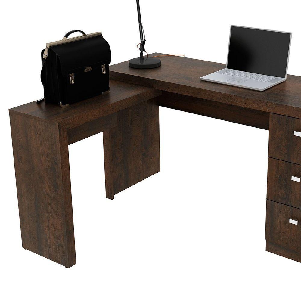 Mesa De Canto Para Escritório Em L Angular Com 3 Gavetas Rústico - 9