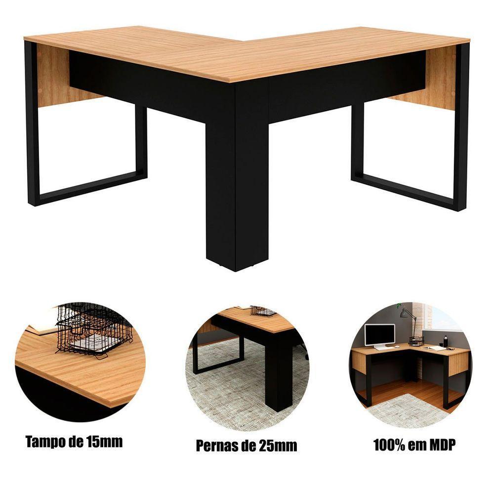 Mesa De Canto Para Escritório Em L Mdp Amêndoa/preto - 4