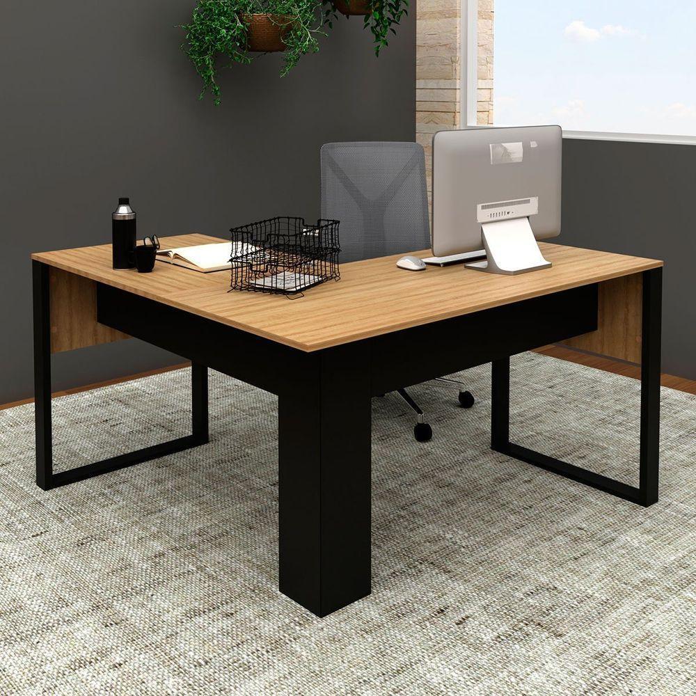 Mesa De Canto Para Escritório Em L Mdp Amêndoa/preto - 9