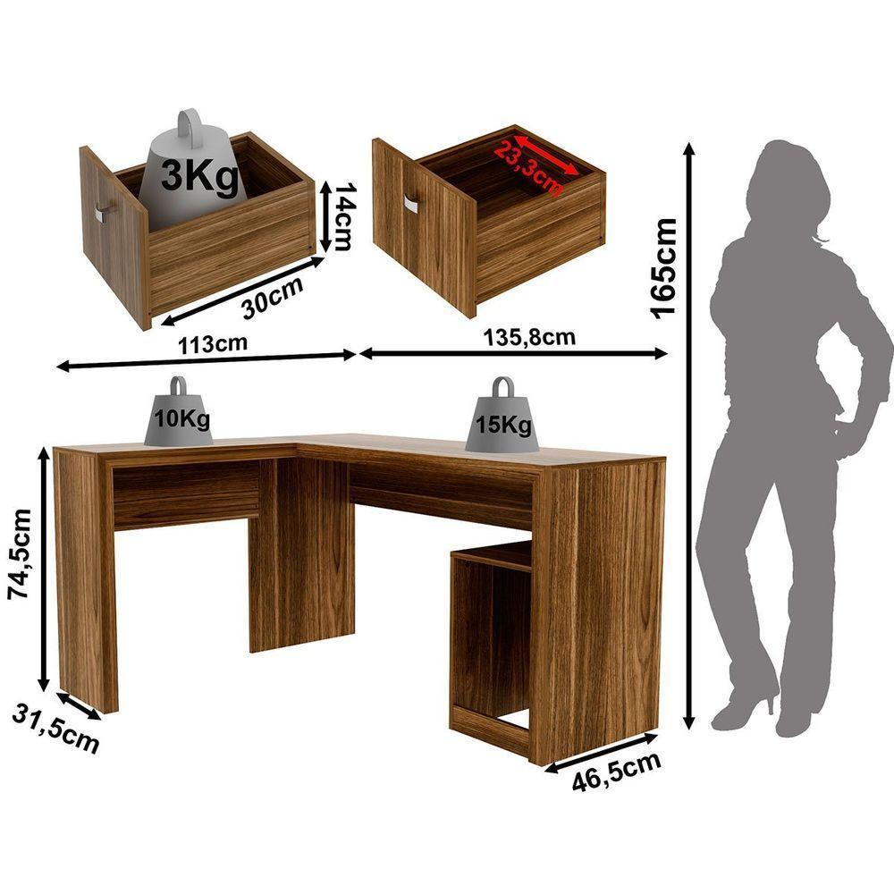 Mesa De Canto Para Escritório Em L Angular Com 2 Gavetas Nogal - 5