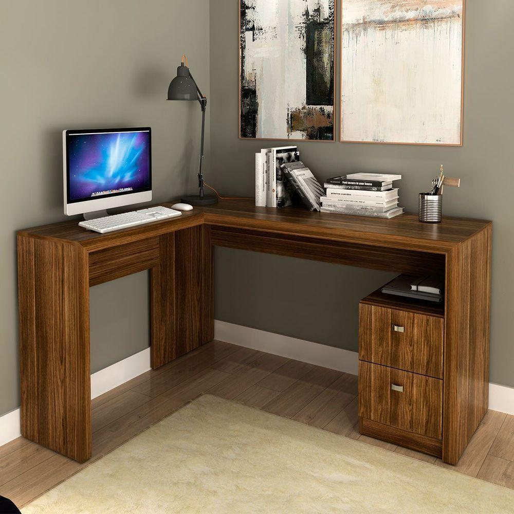 Mesa De Canto Para Escritório Em L Angular Com 2 Gavetas Nogal - 8