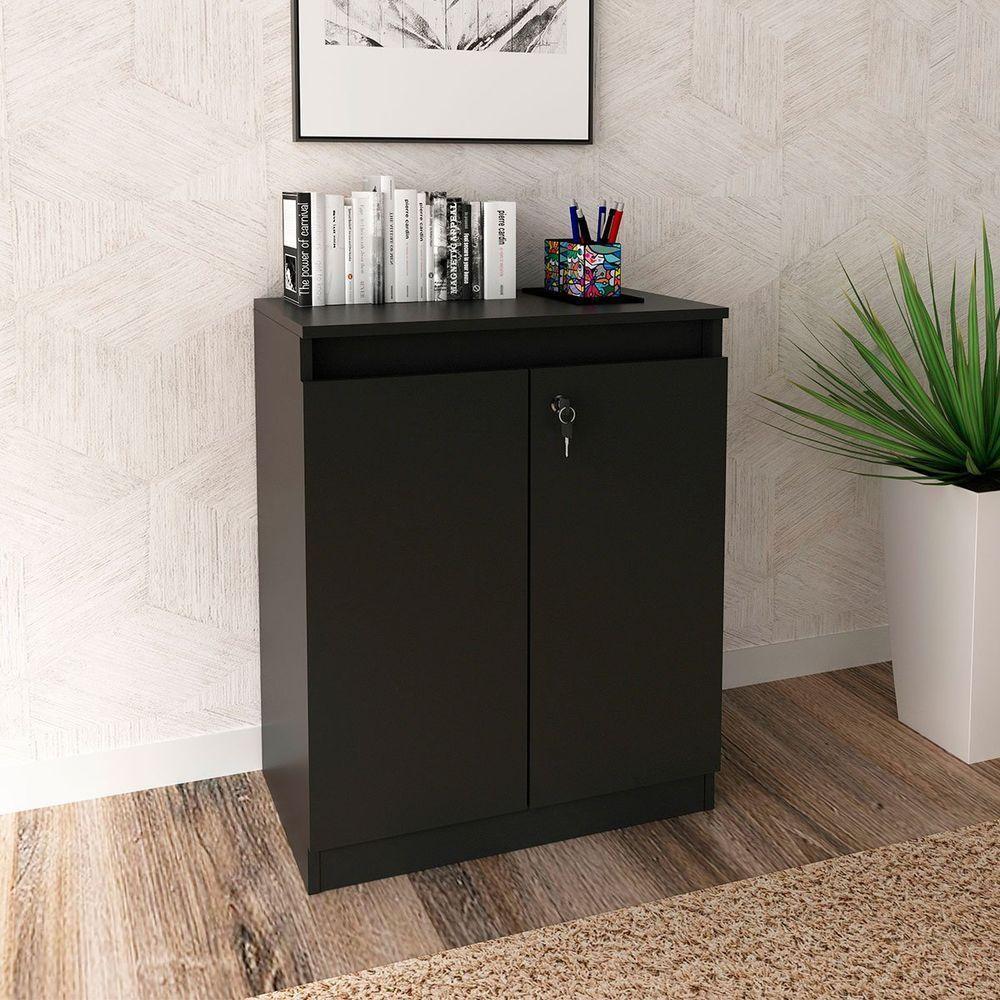 Balcão Para Escritório 2 Portas Com Chave Pequeno Preto - 3