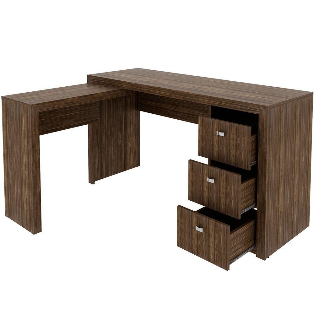 Mesa De Canto Para Escritório Em L Angular Com 3 Gavetas Nogal - 2