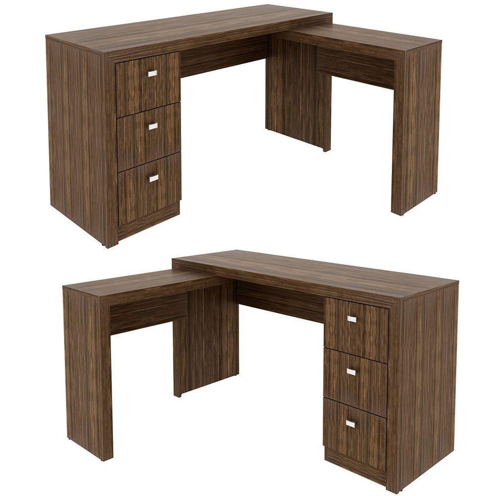 Mesa De Canto Para Escritório Em L Angular Com 3 Gavetas Nogal - 4