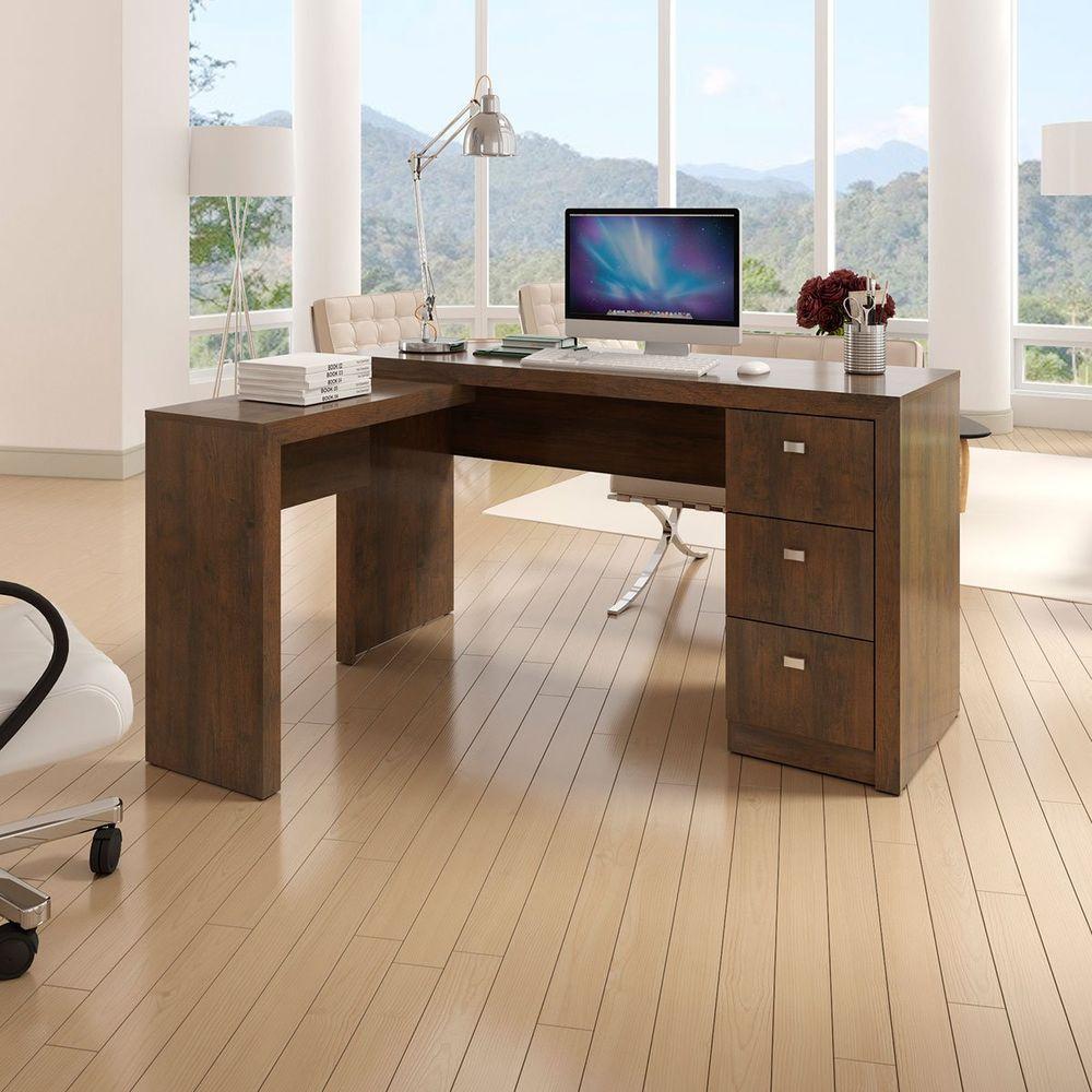 Mesa De Canto Para Escritório Em L Angular Com 3 Gavetas Nogal - 10