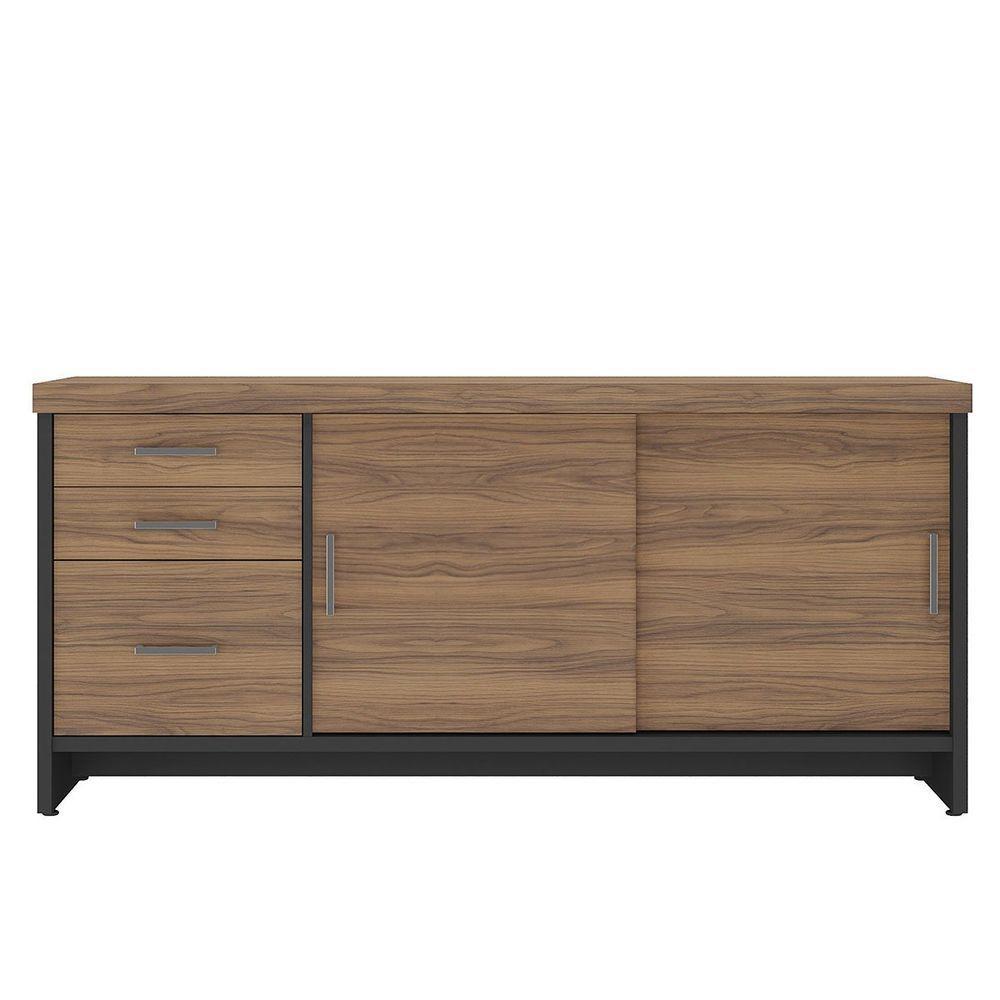 Balcão Para Escritório 2 Portas 3 Gavetas Com Chave Grande Nogal/preto - 1