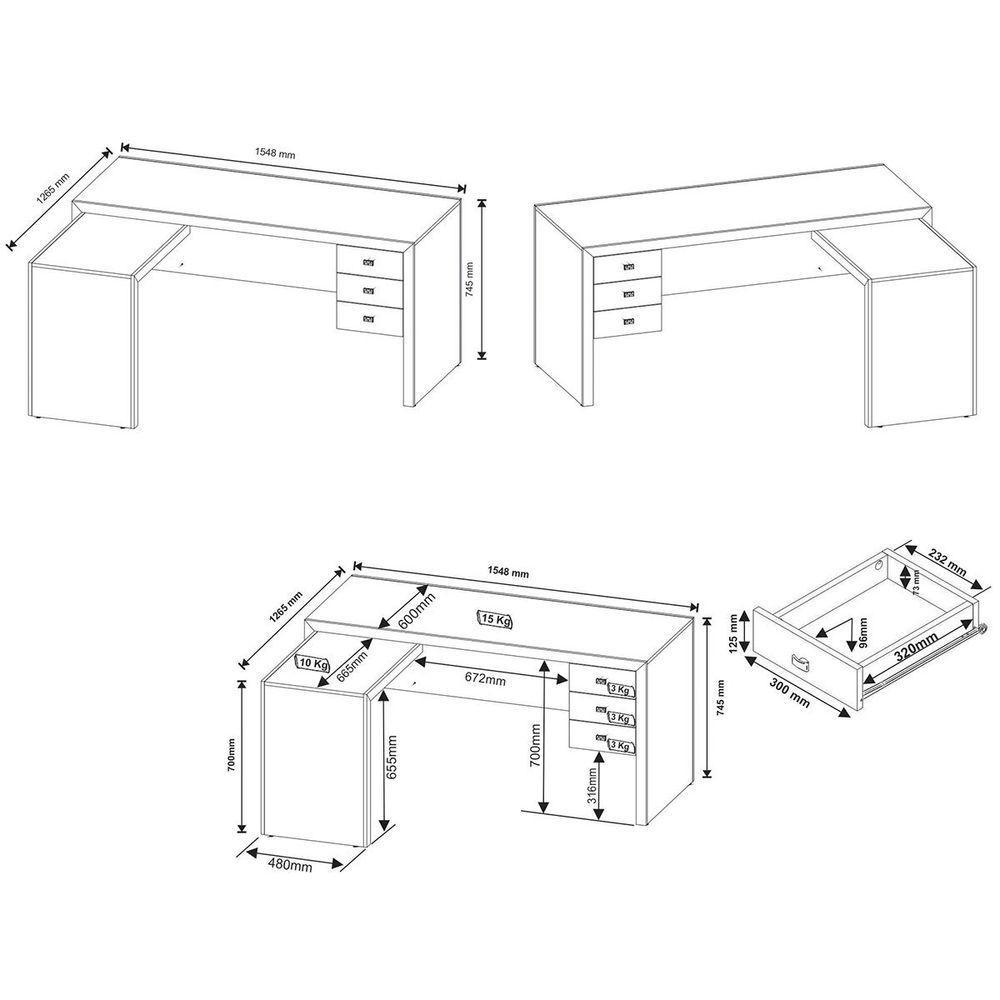 Mesa De Canto Para Escritório Em L Angular Com 3 Gavetas Branco - 6