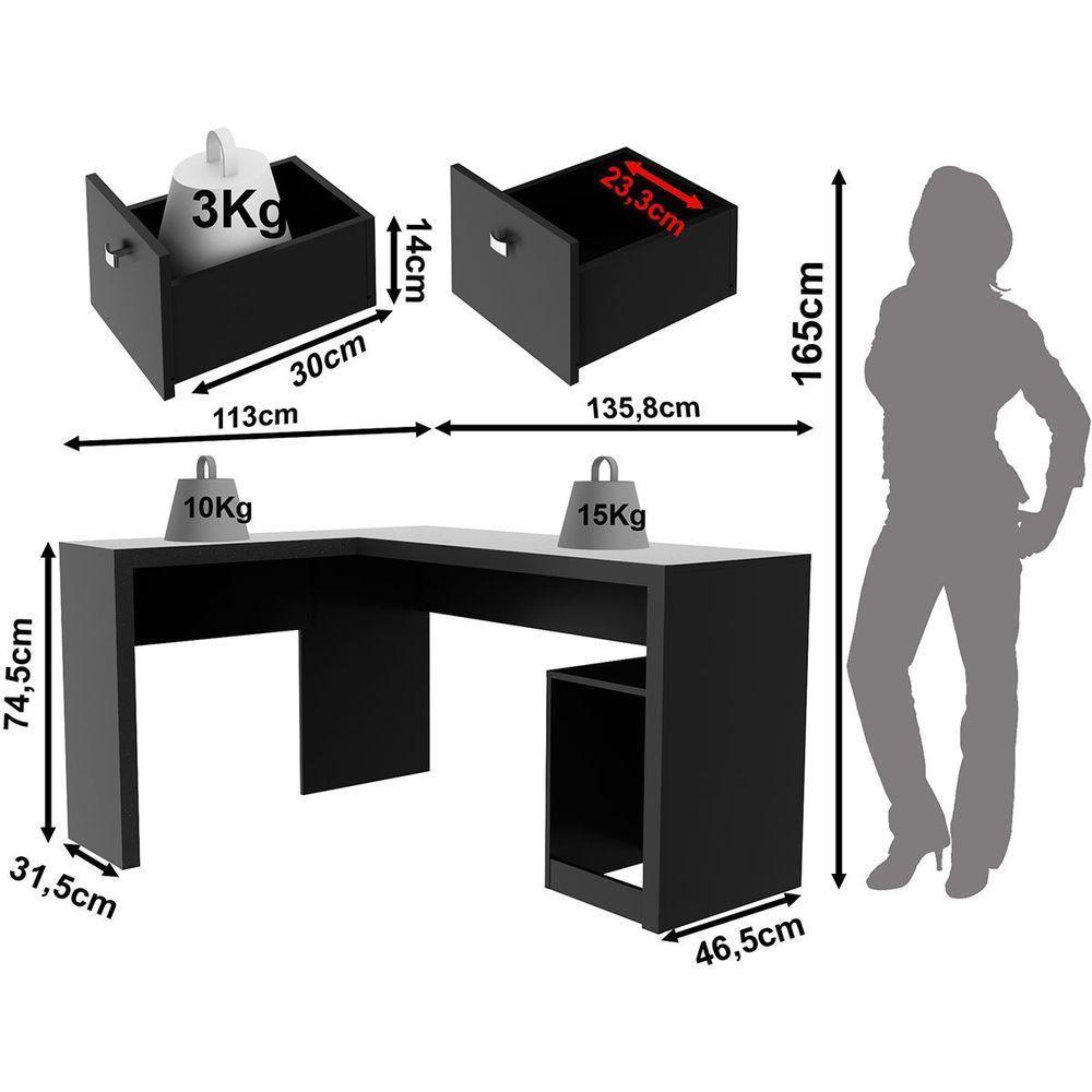 Mesa De Canto Para Escritório Em L Angular Com 2 Gavetas Preto - 5