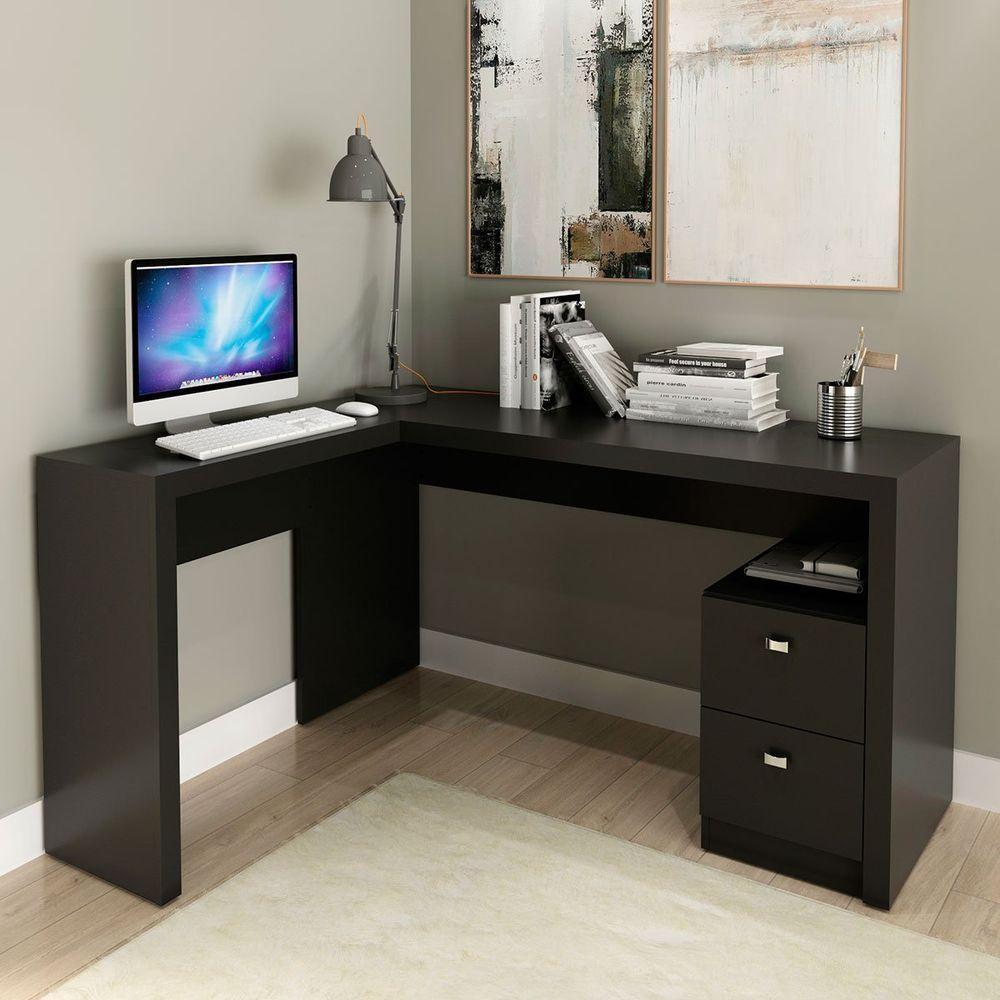 Mesa De Canto Para Escritório Em L Angular Com 2 Gavetas Preto - 8