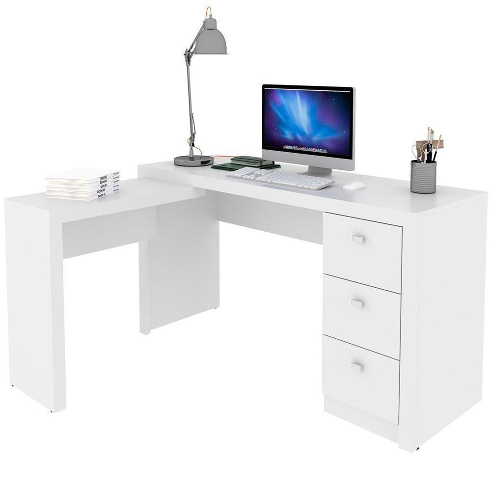 Mesa De Canto Para Escritório Em L Angular Com 3 Gavetas Branco - 1