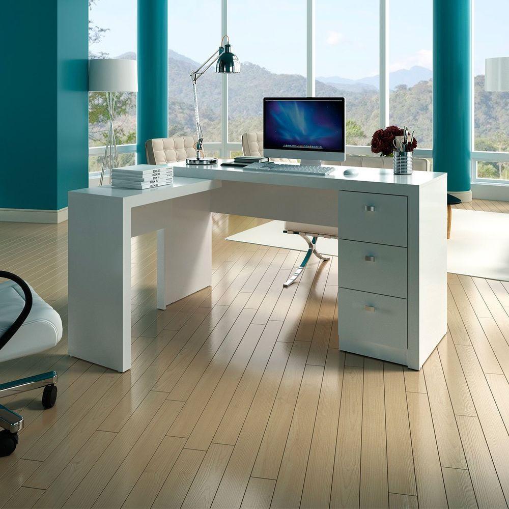 Mesa De Canto Para Escritório Em L Angular Com 3 Gavetas Branco - 10