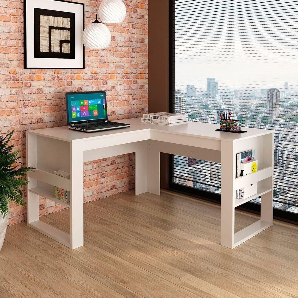 Mesa De Canto Para Escritório Em L Angular Detalhe Ripado Branco - 8