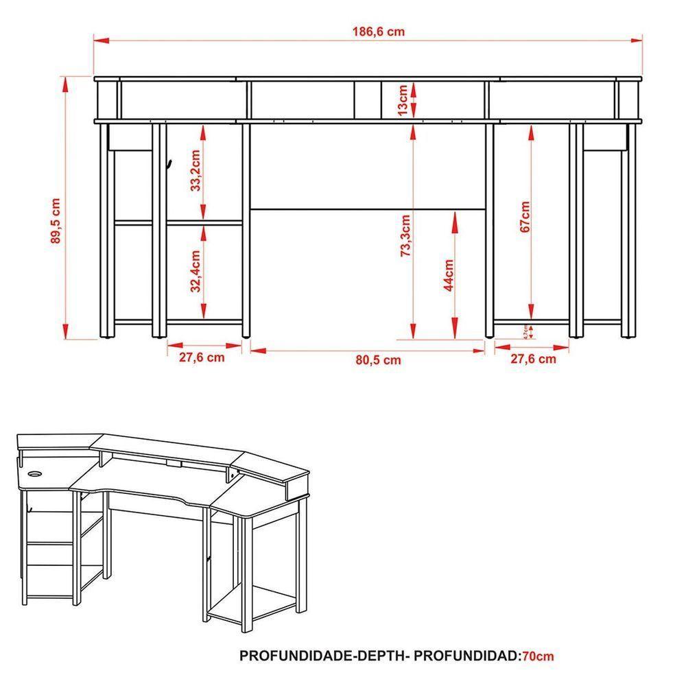 Mesa Para Computador Gamer Espaço Para 2 Monitores E Cpu Preto/vermelho - 5