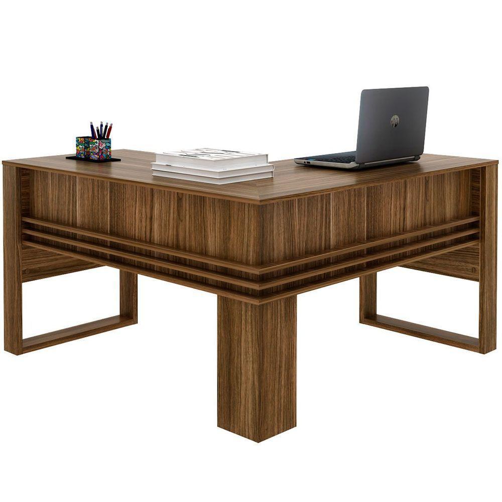 Mesa De Canto Para Escritório Em L Angular Detalhe Ripado Nogal - 1