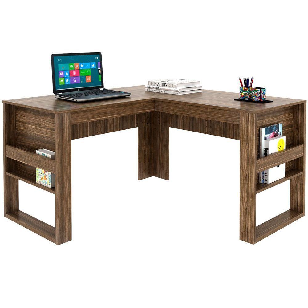 Mesa De Canto Para Escritório Em L Angular Detalhe Ripado Nogal - 5
