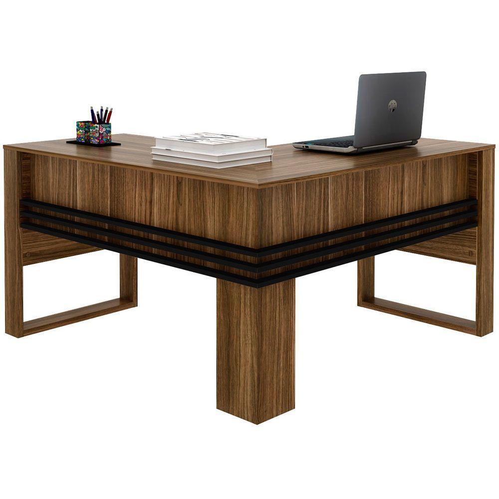 Mesa De Canto Para Escritório Em L Angular Detalhe Ripado Nogal/preto - 1
