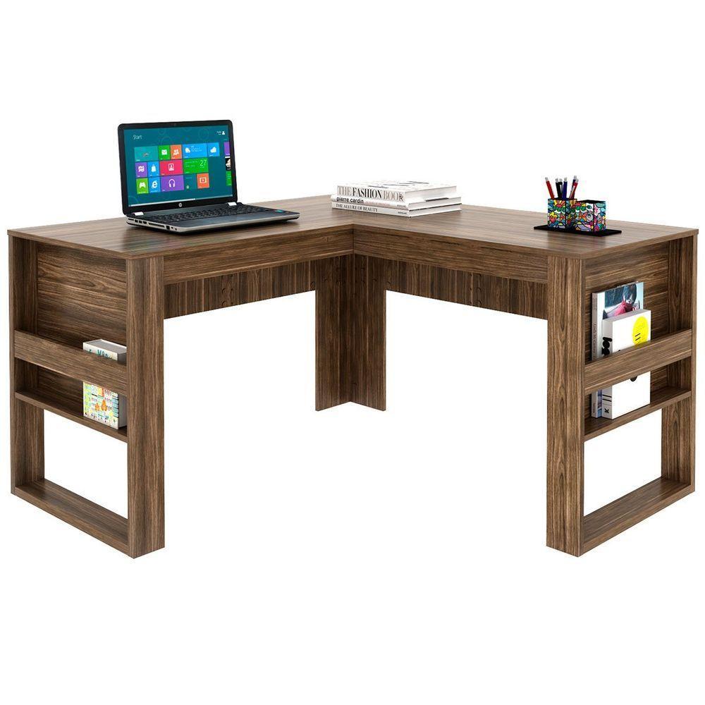 Mesa De Canto Para Escritório Em L Angular Detalhe Ripado Nogal/preto - 5