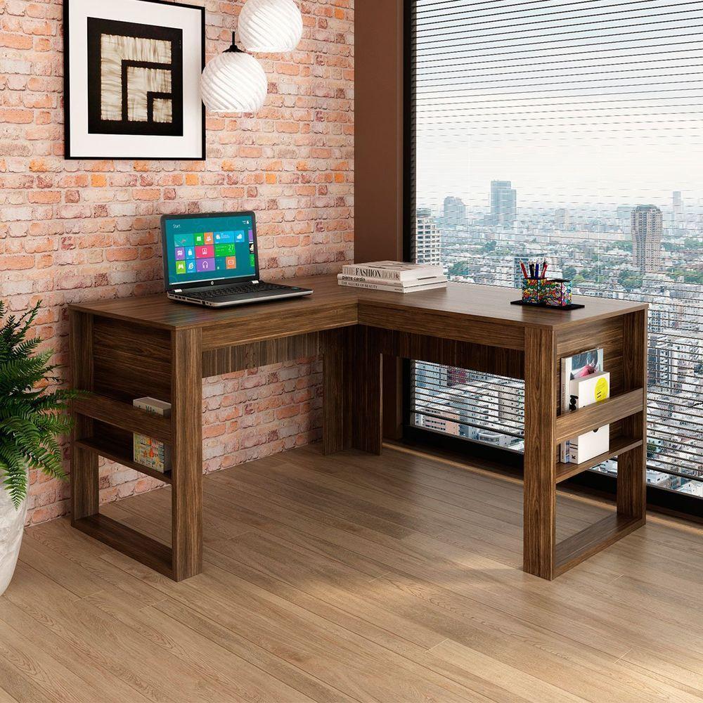 Mesa De Canto Para Escritório Em L Angular Detalhe Ripado Nogal/preto - 8
