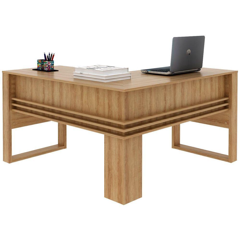 Mesa De Canto Para Escritório Em L Angular Detalhe Ripado Amêndoa - 1