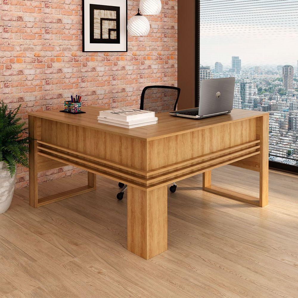 Mesa De Canto Para Escritório Em L Angular Detalhe Ripado Amêndoa - 9