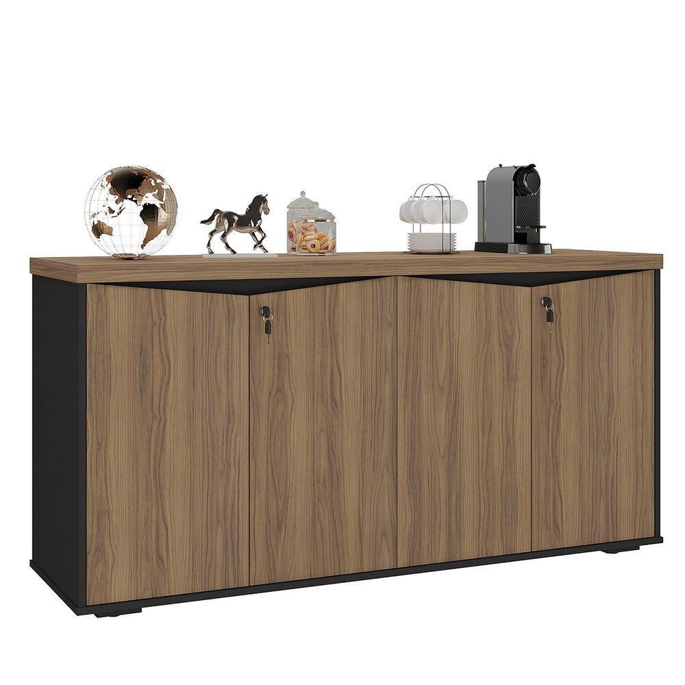 Balcão Para Escritório 4 Portas Com Chave 2 Prateleiras Nogal/preto - 1