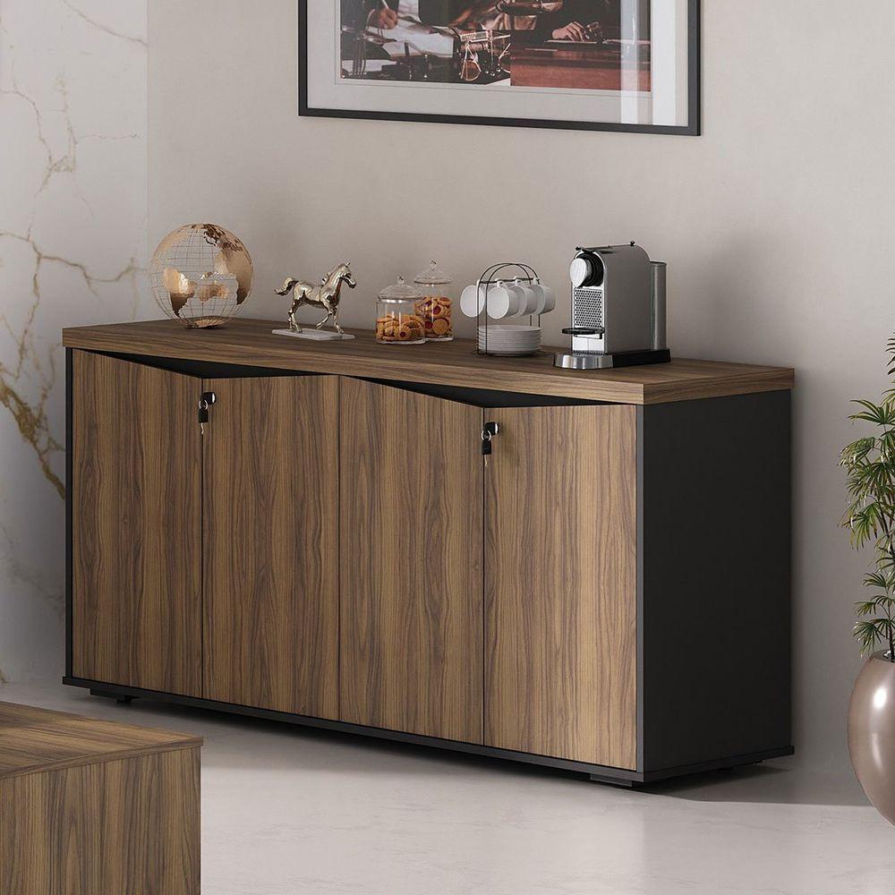 Balcão Para Escritório 4 Portas Com Chave 2 Prateleiras Nogal/preto - 10