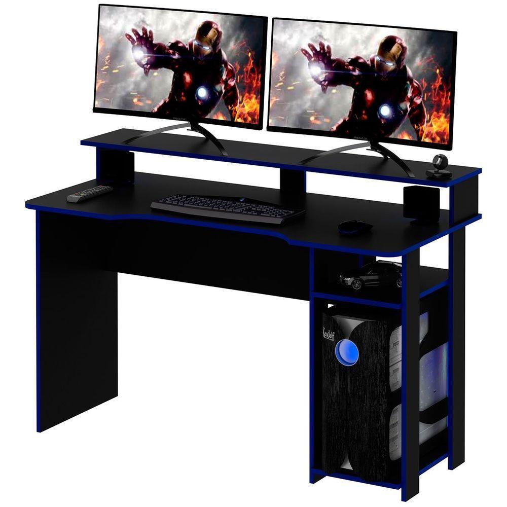 Mesa Para Computador Gamer Espaço Para 2 Monitores E Cpu Preto/azul - 1