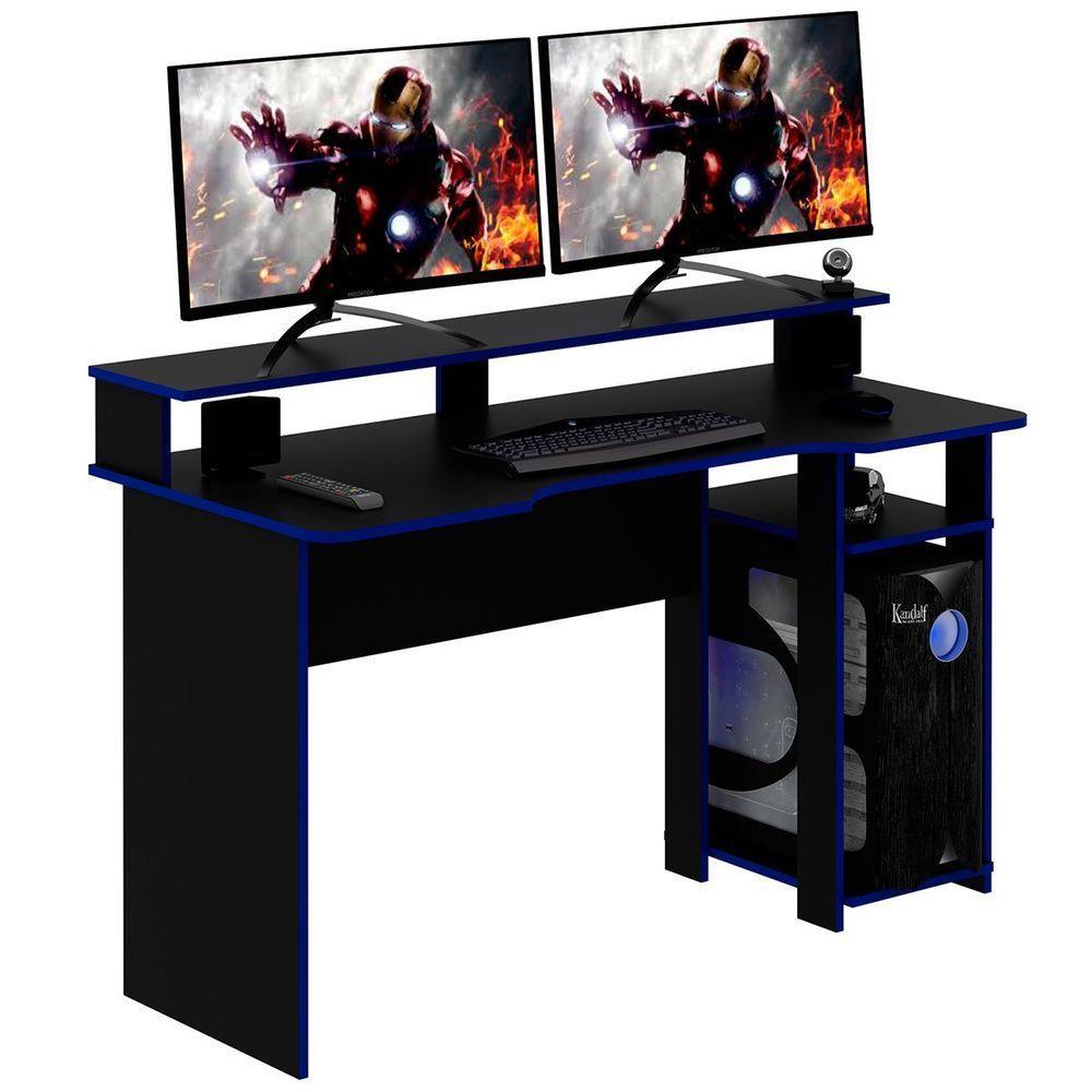 Mesa Para Computador Gamer Espaço Para 2 Monitores E Cpu Preto/azul - 4