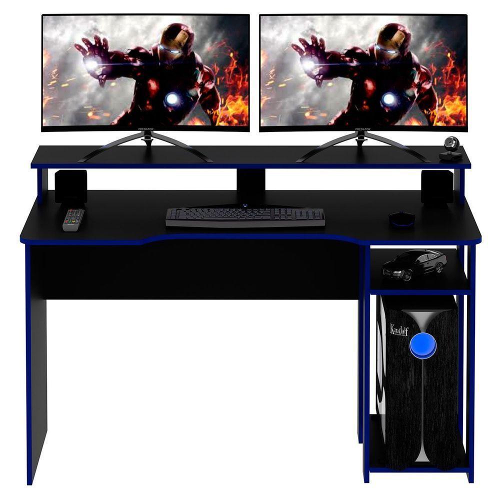 Mesa Para Computador Gamer Espaço Para 2 Monitores E Cpu Preto/azul - 7