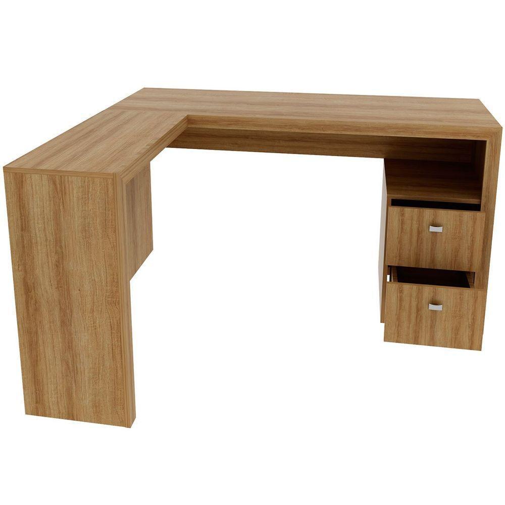 Mesa De Canto Para Escritório Em L Angular Com 2 Gavetas Amêndoa - 2