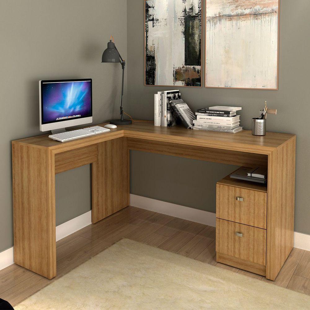 Mesa De Canto Para Escritório Em L Angular Com 2 Gavetas Amêndoa - 8