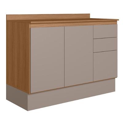Balcão Cozinha Acacia 120cm Tampo 2 Portas 3 Gavetas Rodape Ipe/fendy
