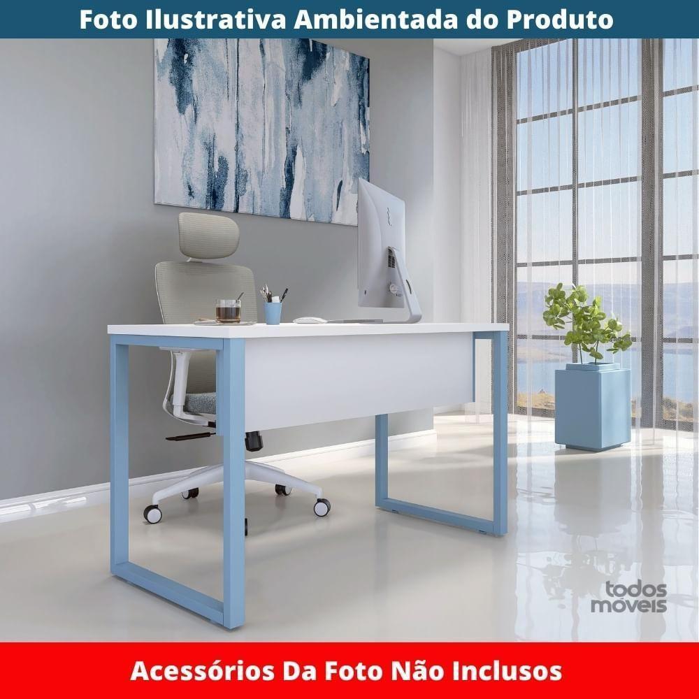 Mesa Escritório P25 Tub Pandin 170 Cm (larg) X 70 Cm Prof Tampo Mdp Branco Pé Aço Tubular Azul Dali - 2