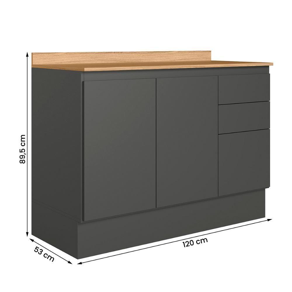 Balcão Cozinha Acacia 120cm Tampo 2 Portas 3 Gavetas Rodape Chumbo - 3