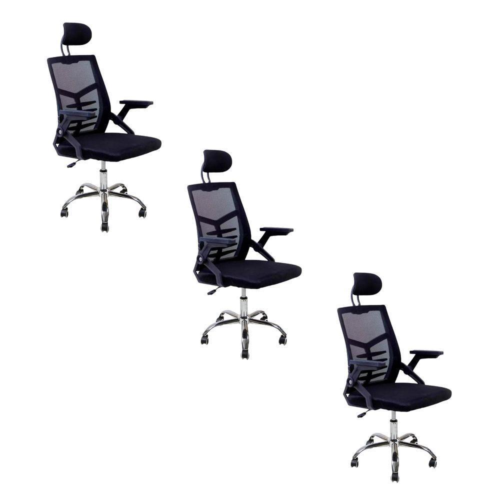 Kit 3 Cadeiras Escritório Executiva Diretor Relax Ergonômica Com Apoio De Cabeça - 1