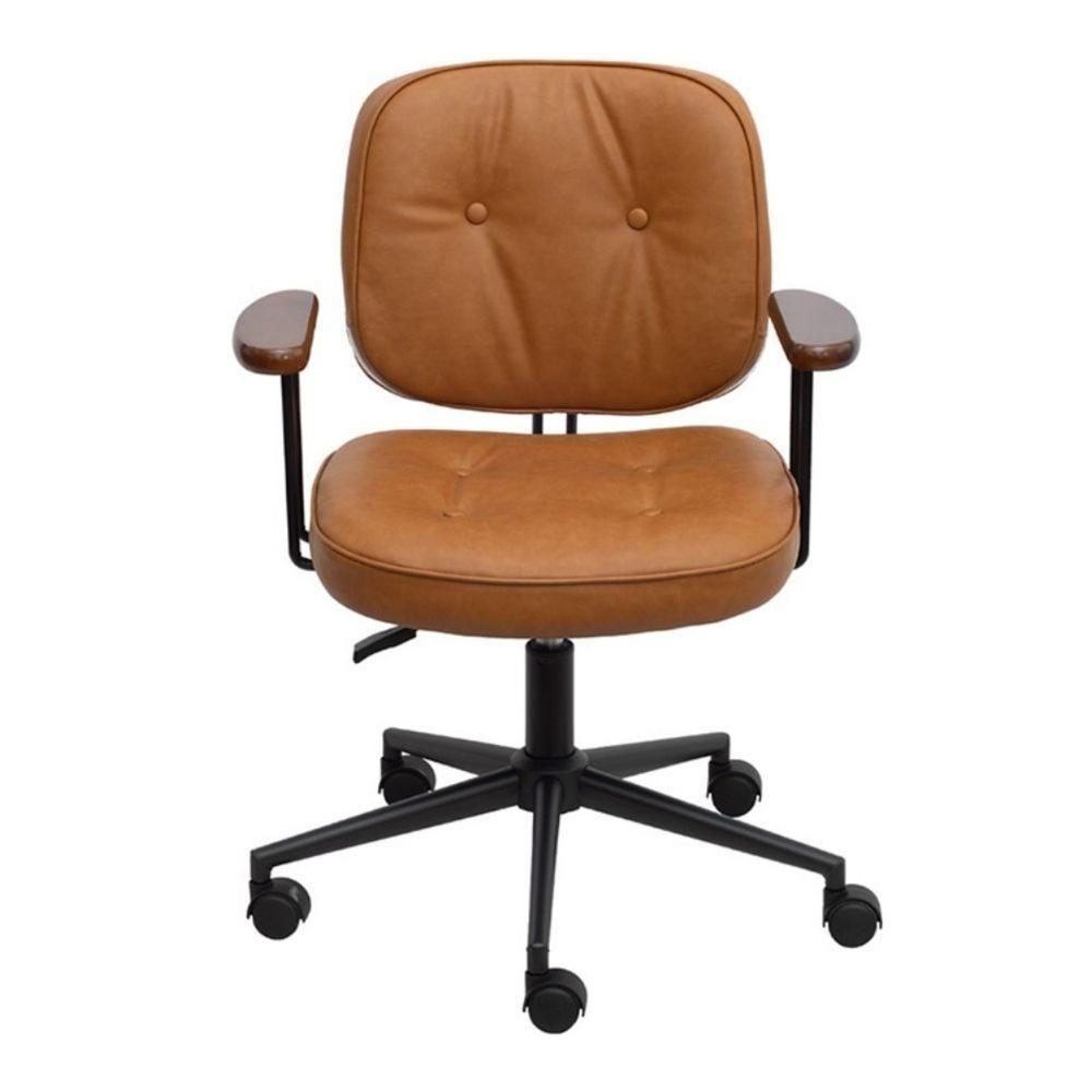 Cadeira Escritório Giratória Ancara Or Design Revest Pu Caramelo Braços Em Madeira Base Rodízio - 2