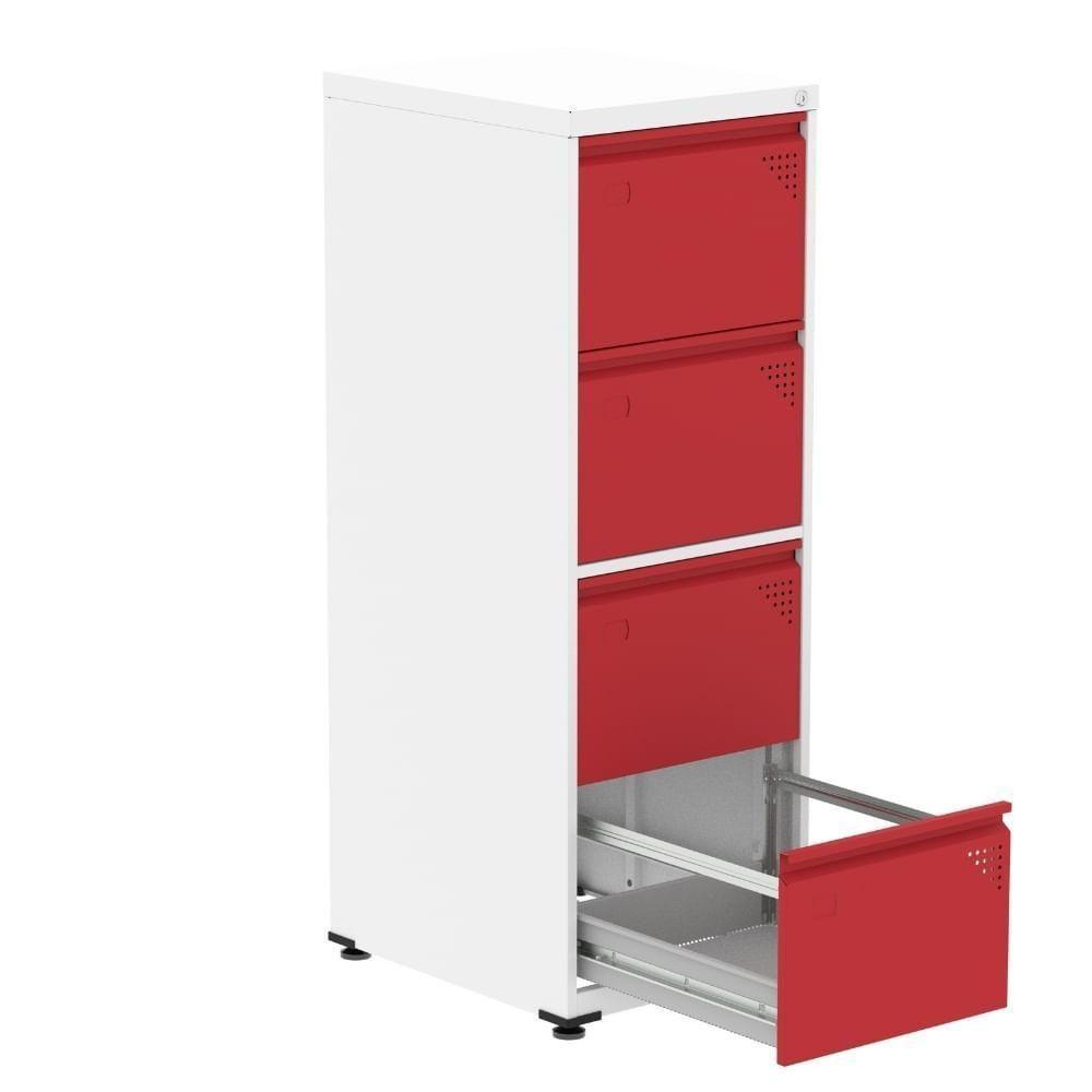 Armário De Arquivo Oficio 4 Gavetas Pandin 47cm Largura Aço Branco Com Frente Gaveta Vermelha Com Chave - 2