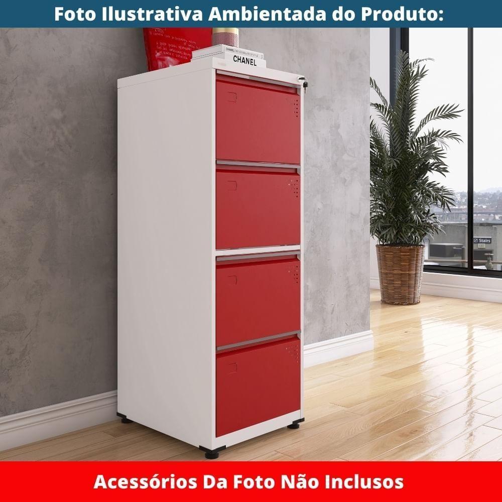 Armário De Arquivo Oficio 4 Gavetas Pandin 47cm Largura Aço Branco Com Frente Gaveta Vermelha Com Chave - 7