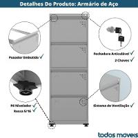Armário De Arquivo Oficio 4 Gavetas Pandin 47cm Largura Aço Branco Com Frente Gaveta Vermelha Com Chave - 3