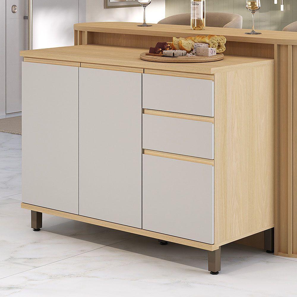 Balcão De Cozinha 120cm 3 Pts E 2 Gav C/ Tampo Aura Luciane Carvalho/cinza Cristal - 1