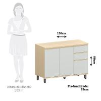 Balcão De Cozinha 120cm 3 Pts E 2 Gav C/ Tampo Aura Luciane Carvalho/cinza Cristal