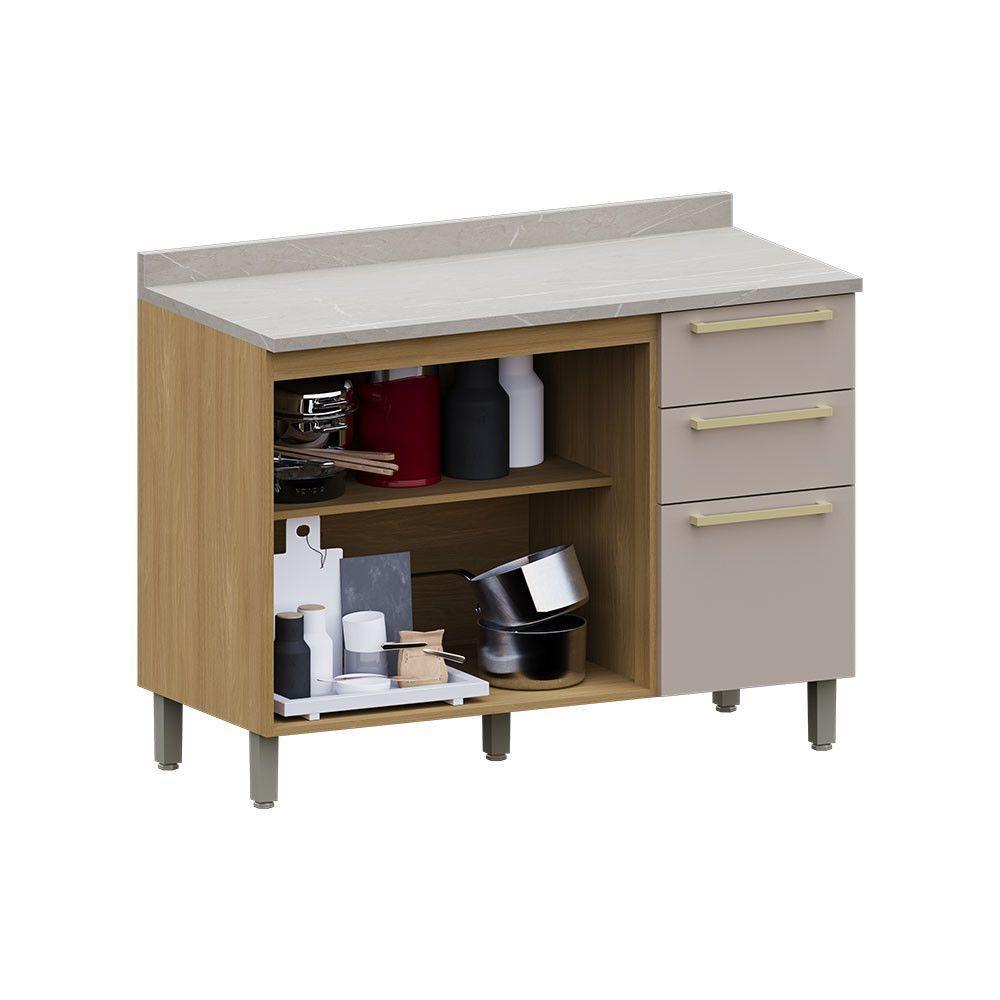 Balcão De Cozinha Pia 120cm 2 Pts E 3 Gav C/ Tampo Elegance Freijó/cinammon/quartzo Bege - 2